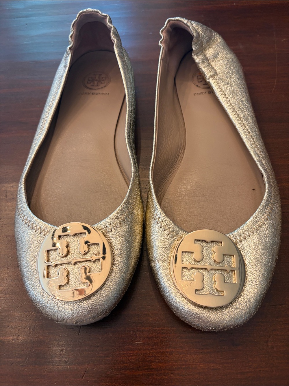 Tory Burch Metallic Gold Logo Ballet Flats